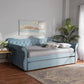 Abbie Traditional and Transitional Light Blue Velvet Fabric Upholstered and Crystal Tufted Queen Size Daybed with Trundle FredCo