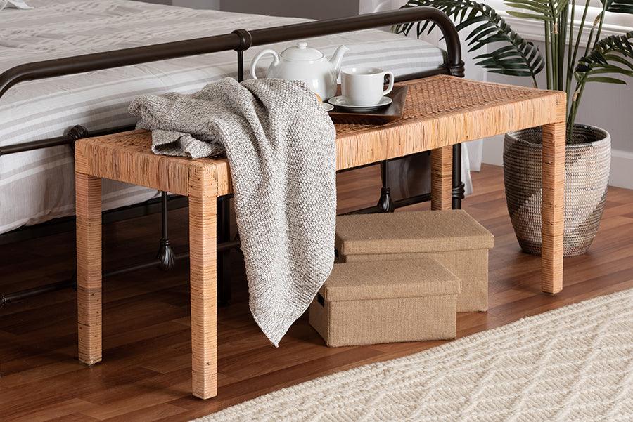 Abelia Modern Bohemian Natural Rattan and Mahogany Wood Long Accent Bench FredCo