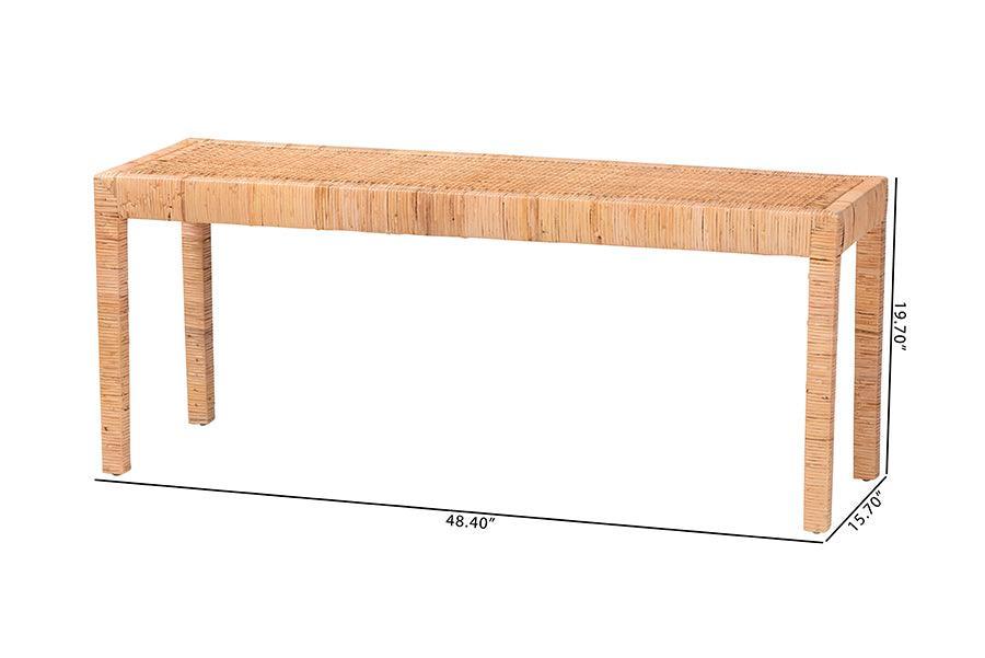 Abelia Modern Bohemian Natural Rattan and Mahogany Wood Long Accent Bench FredCo