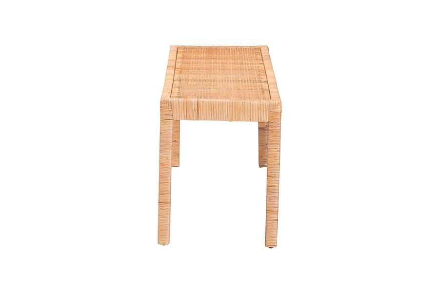 Abelia Modern Bohemian Natural Rattan and Mahogany Wood Long Accent Bench FredCo