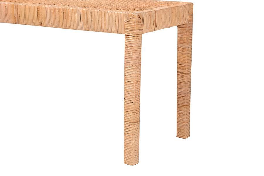 Abelia Modern Bohemian Natural Rattan and Mahogany Wood Long Accent Bench FredCo