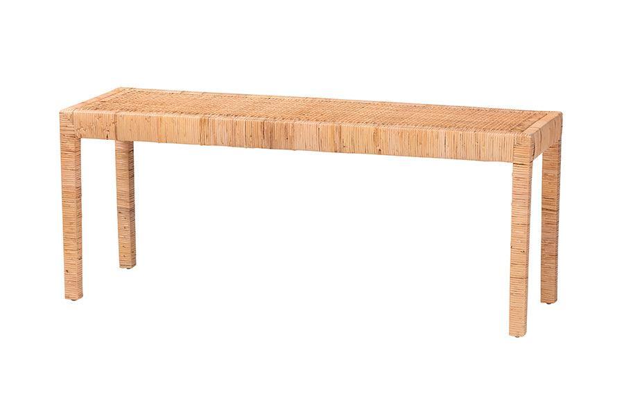 Abelia Modern Bohemian Natural Rattan and Mahogany Wood Long Accent Bench FredCo