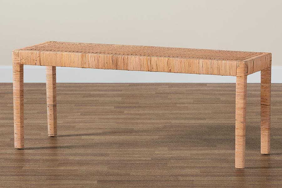 Abelia Modern Bohemian Natural Rattan and Mahogany Wood Long Accent Bench FredCo