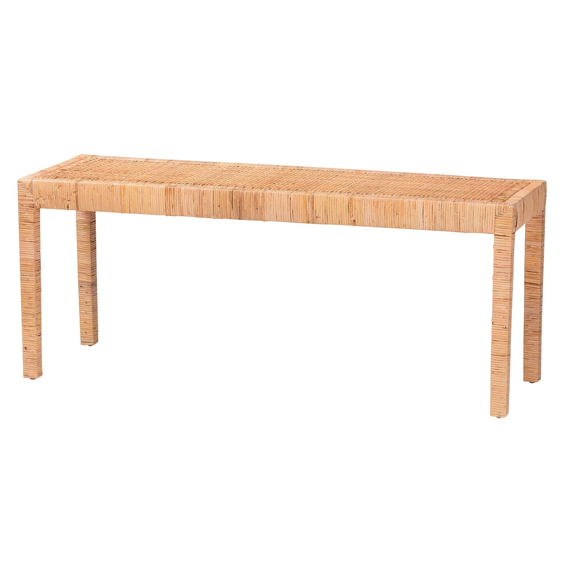 Abelia Modern Bohemian Natural Rattan and Mahogany Wood Long Accent Bench FredCo