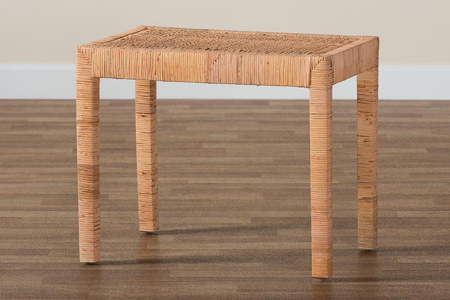 Abelia Modern Bohemian Natural Rattan and Mahogany Wood Short Accent Bench FredCo