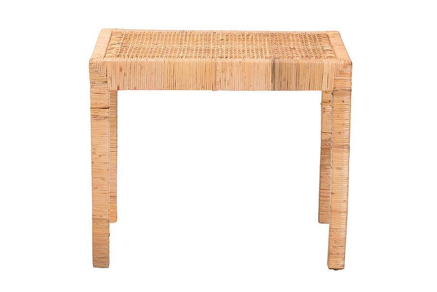 Abelia Modern Bohemian Natural Rattan and Mahogany Wood Short Accent Bench FredCo