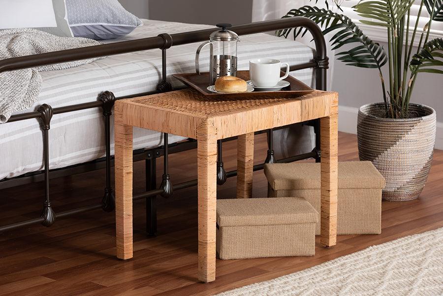 Abelia Modern Bohemian Natural Rattan and Mahogany Wood Short Accent Bench FredCo