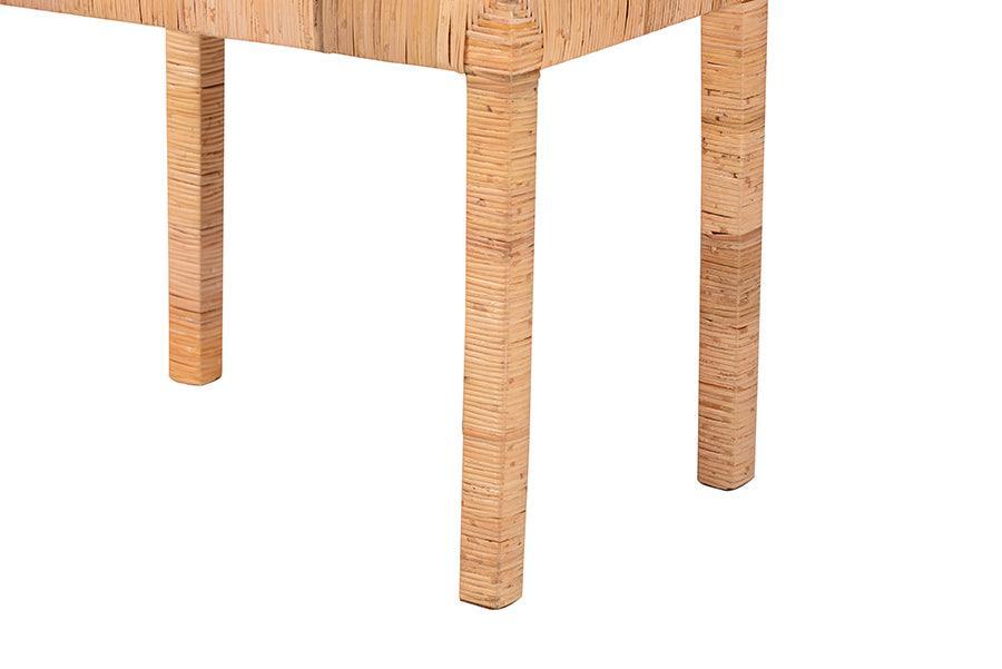 Abelia Modern Bohemian Natural Rattan and Mahogany Wood Short Accent Bench FredCo