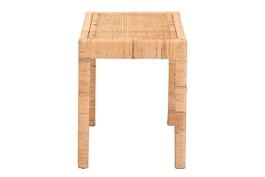 Abelia Modern Bohemian Natural Rattan and Mahogany Wood Short Accent Bench FredCo