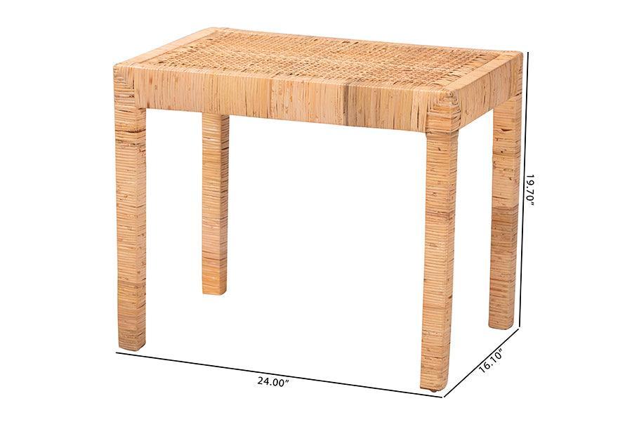 Abelia Modern Bohemian Natural Rattan and Mahogany Wood Short Accent Bench FredCo