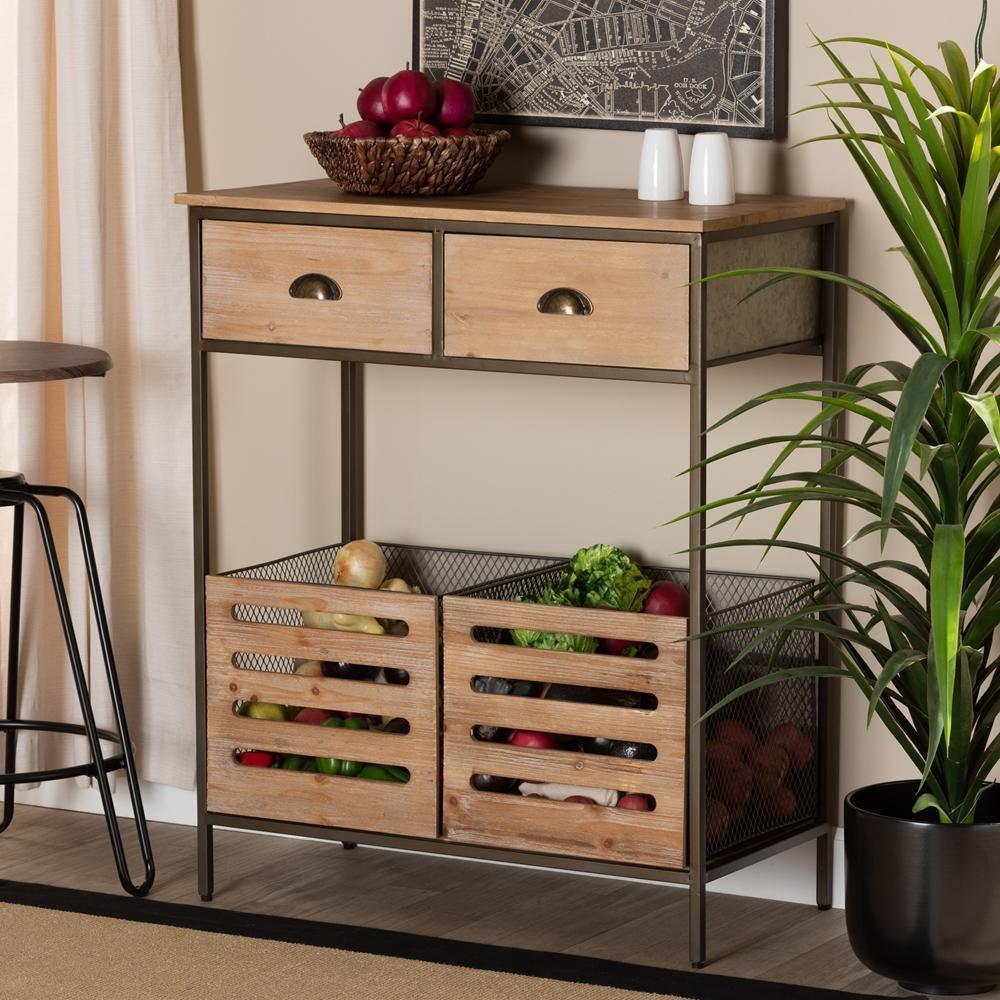 Abram Modern Farmhouse Industrial Oak Brown Finished Wood and Black Metal 2-Drawer Multipurpose Kitchen Storage Cabinet FredCo