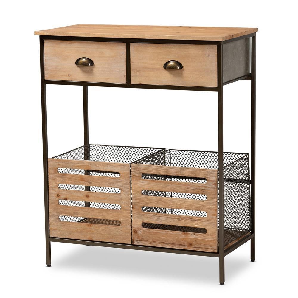Abram Modern Farmhouse Industrial Oak Brown Finished Wood and Black Metal 2-Drawer Multipurpose Kitchen Storage Cabinet FredCo