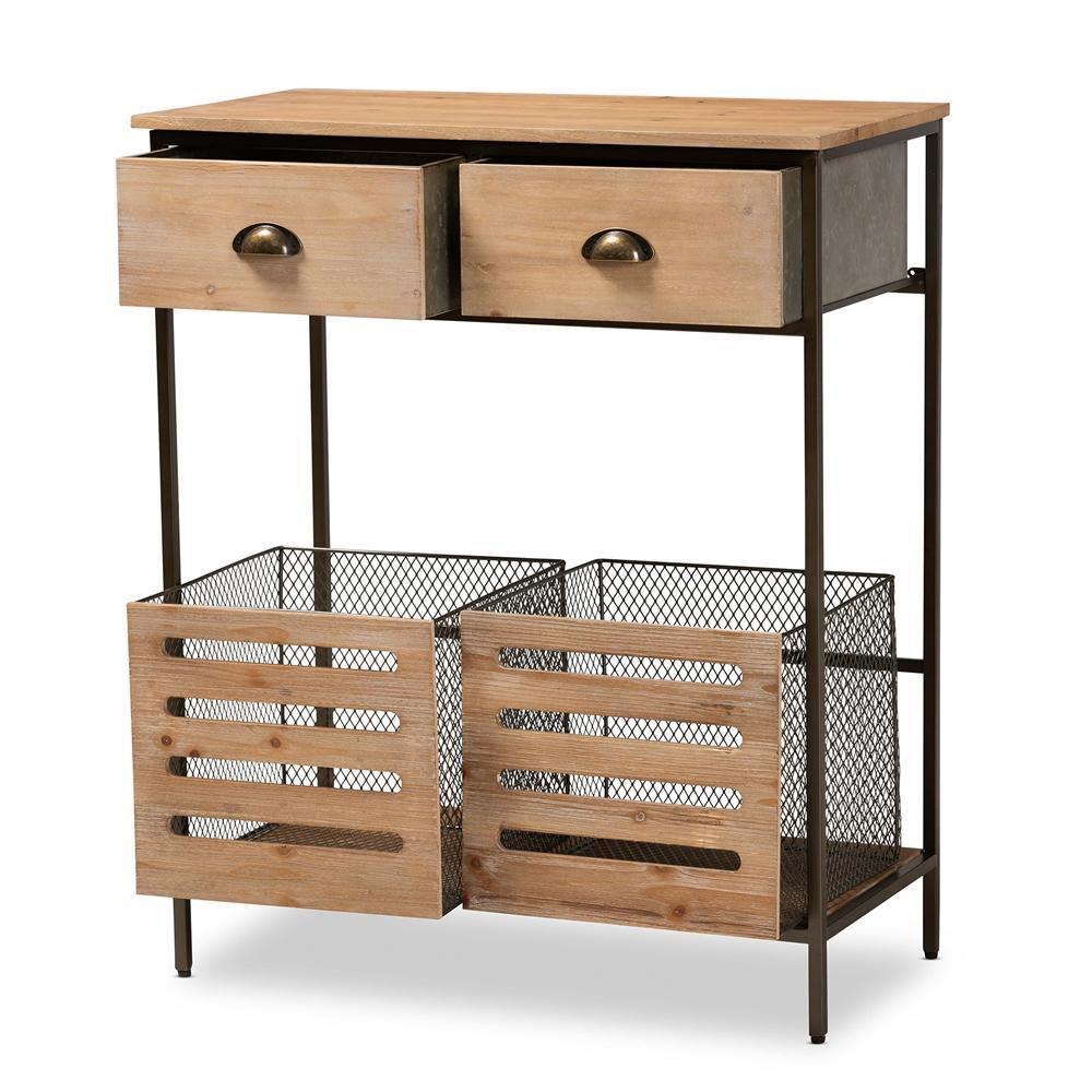 Abram Modern Farmhouse Industrial Oak Brown Finished Wood and Black Metal 2-Drawer Multipurpose Kitchen Storage Cabinet FredCo