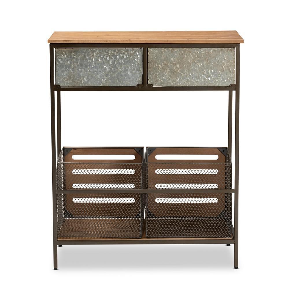 Abram Modern Farmhouse Industrial Oak Brown Finished Wood and Black Metal 2-Drawer Multipurpose Kitchen Storage Cabinet FredCo