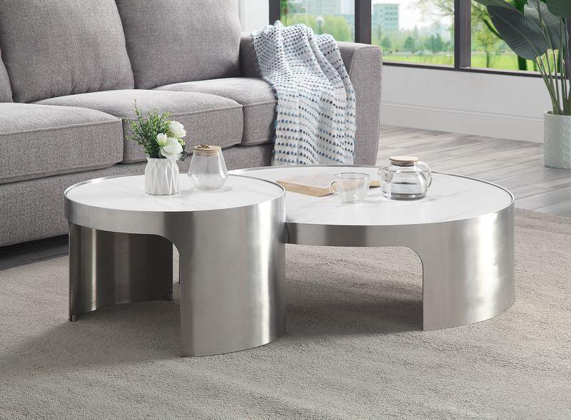 ACME Abilene Nesting Cocktail 2 Pc Sets, Faux Marble & Mirrored Silver Finish FredCo
