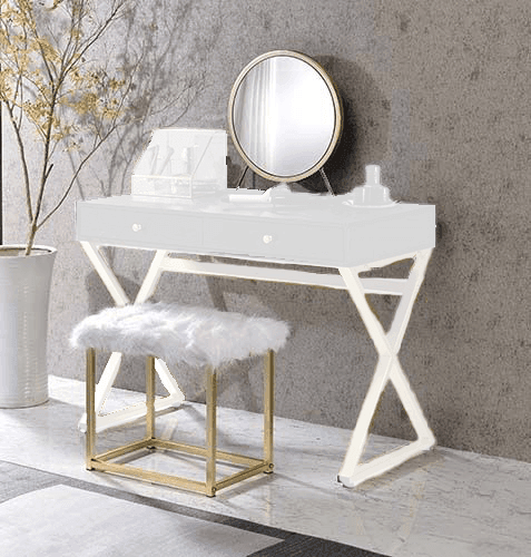 ACME Adao Vanity Mirror & Stool, Faux Fur, Mirror, Black & Brass Finish FredCo
