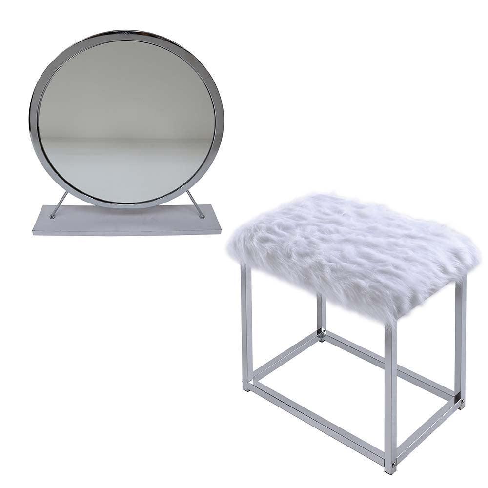 ACME Adao Vanity Mirror & Stool, Faux Fur, Mirror, White & Chrome Finish FredCo