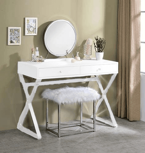 ACME Adao Vanity Mirror & Stool, Faux Fur, Mirror, White & Chrome Finish FredCo
