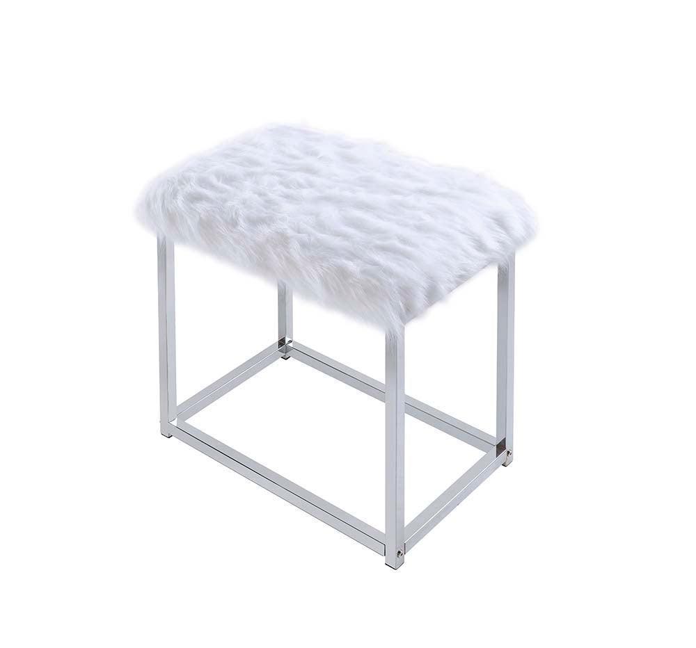 ACME Adao Vanity Mirror & Stool, Faux Fur, Mirror, White & Chrome Finish FredCo