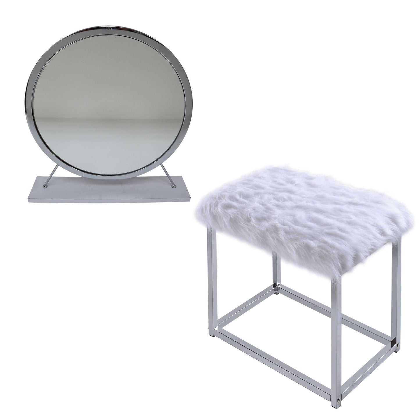 ACME Adao Vanity Mirror & Stool, Faux Fur, Mirror, White & Chrome Finish FredCo