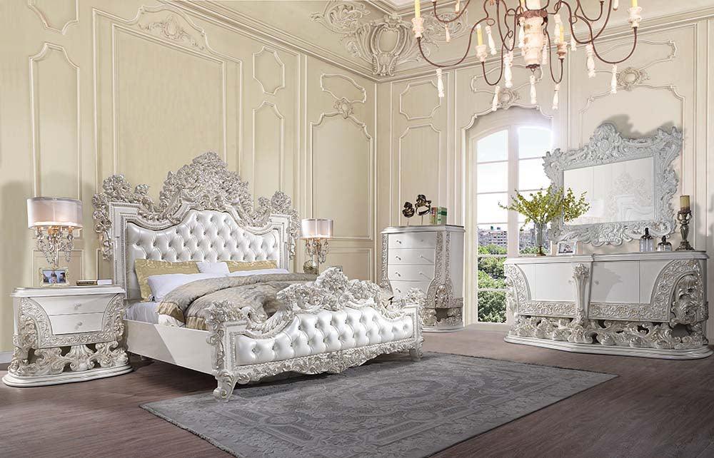 ACME Adara Eastern King Bed, White PU & Antique White Finish FredCo