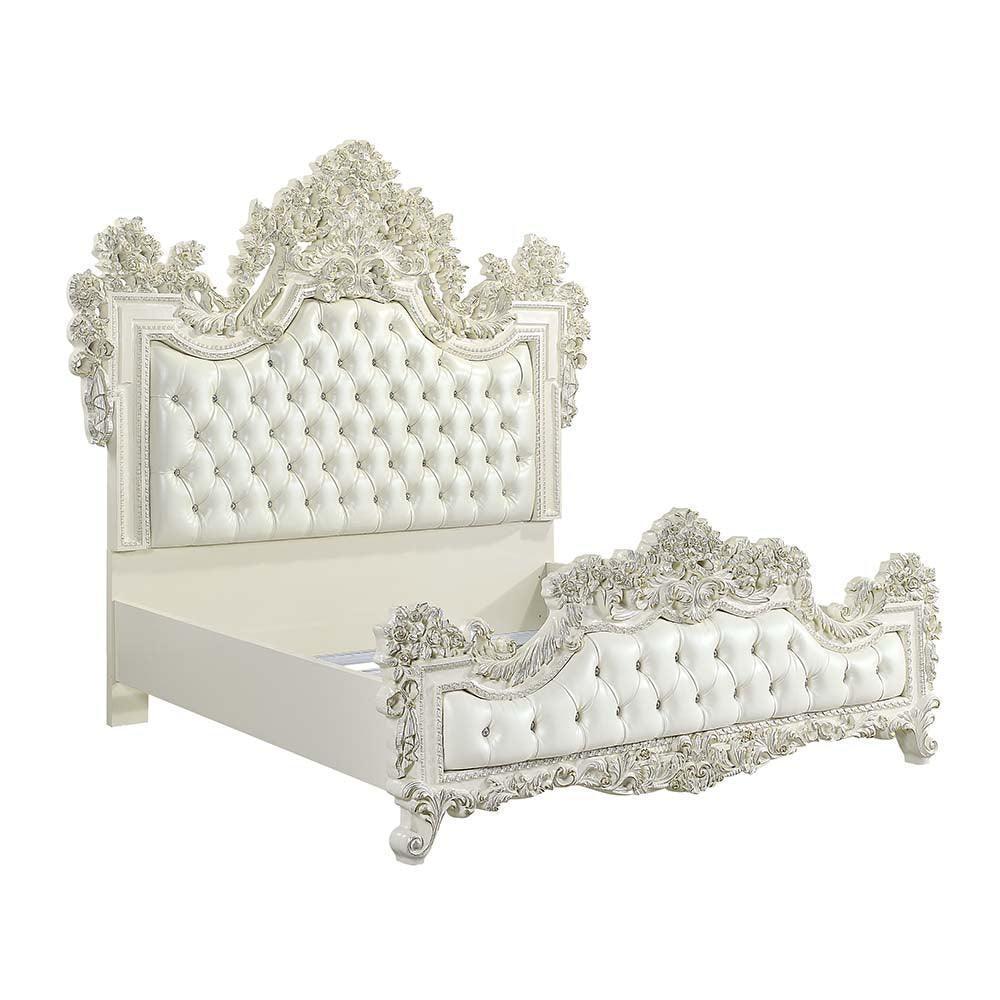 ACME Adara Eastern King Bed, White PU & Antique White Finish FredCo