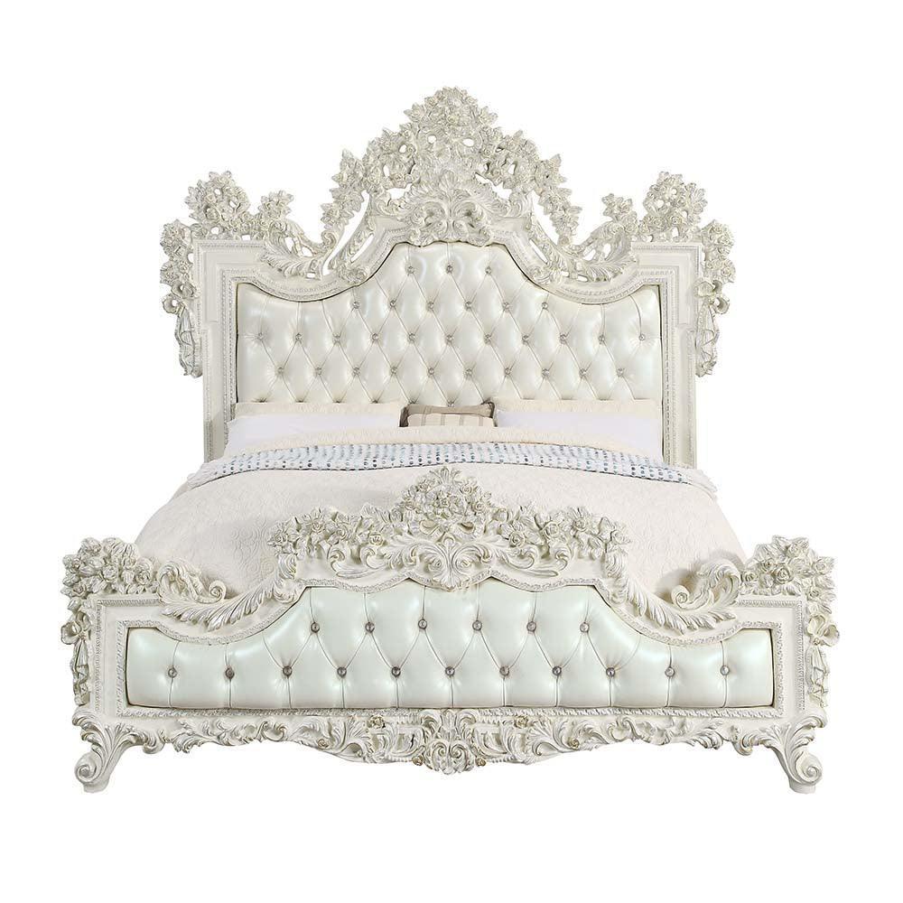 ACME Adara Eastern King Bed, White PU & Antique White Finish FredCo