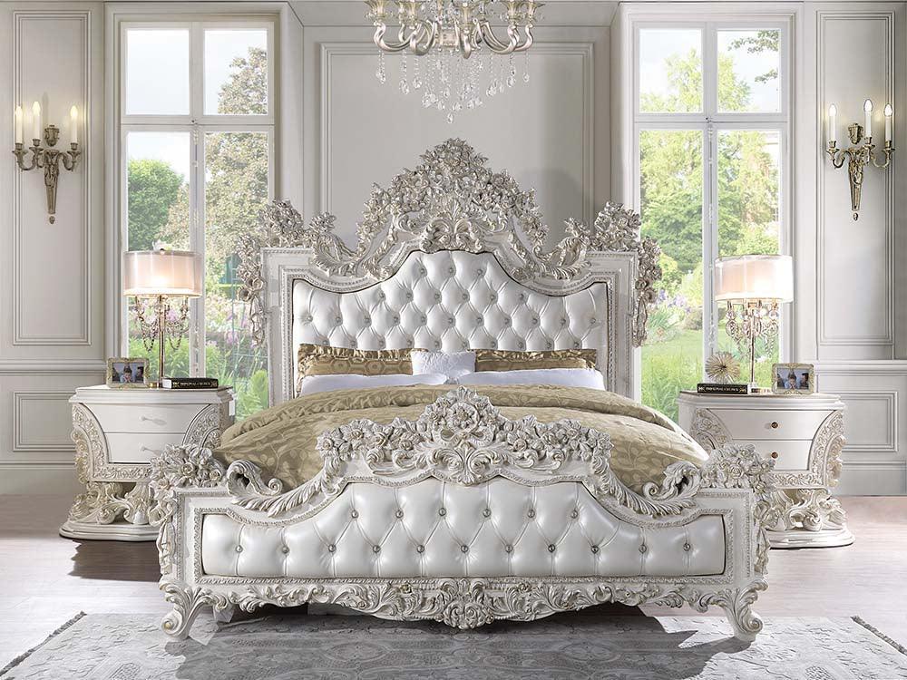 ACME Adara Eastern King Bed, White PU & Antique White Finish FredCo
