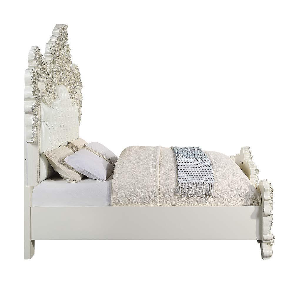 ACME Adara Eastern King Bed, White PU & Antique White Finish FredCo