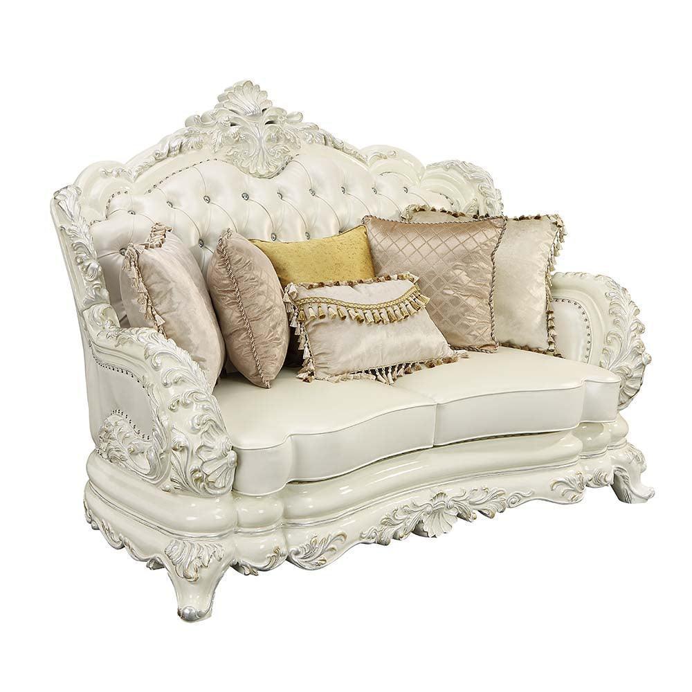 ACME Adara Loveseat w/5 Pillows, White PU & Antique White Finish FredCo