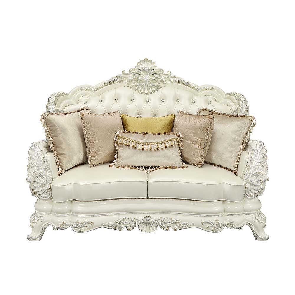 ACME Adara Loveseat w/5 Pillows, White PU & Antique White Finish FredCo