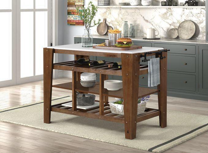 ACME Alaroa Kitchen Island , Marble Top & Rustic Brown Finish FredCo