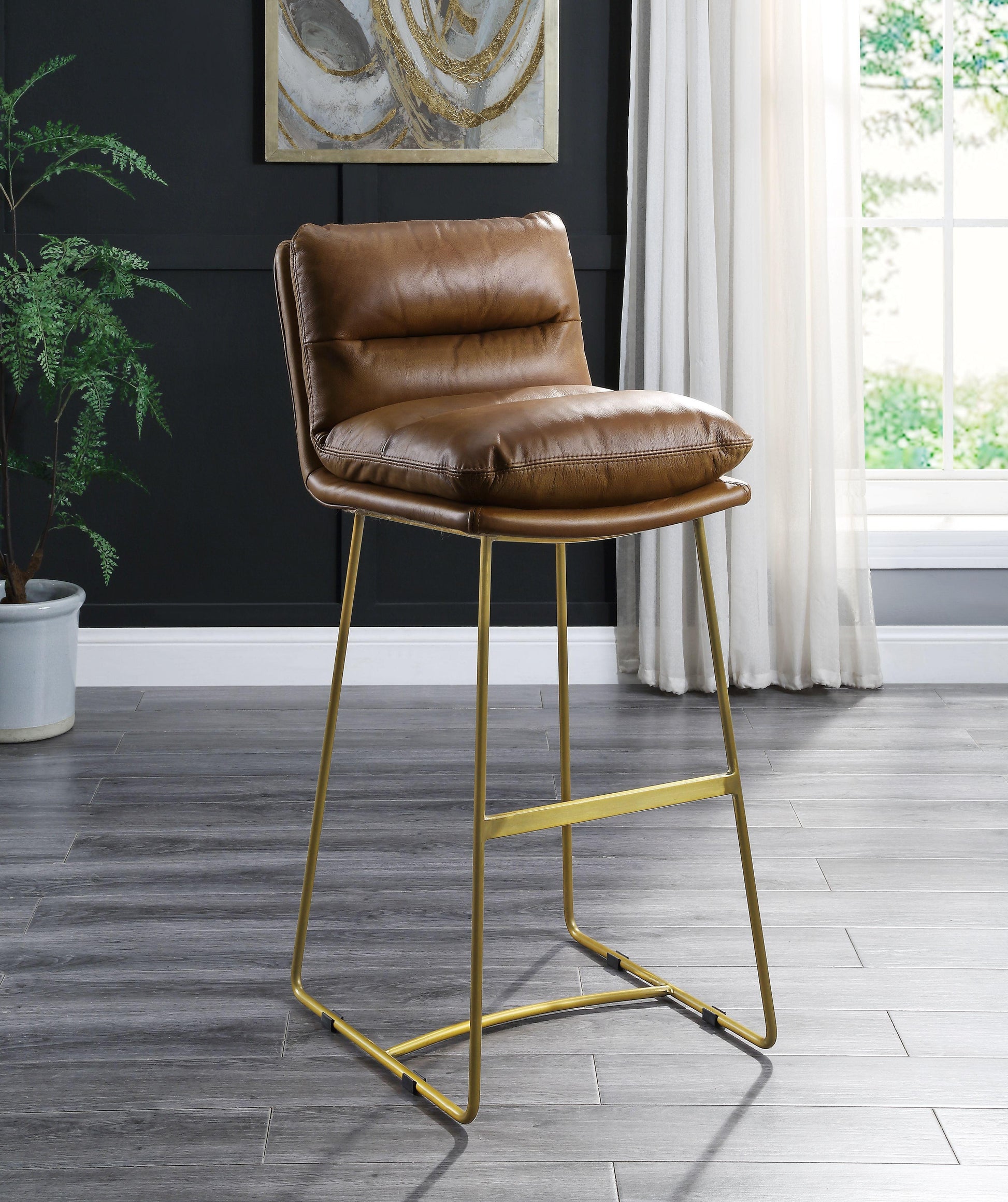 ACME Alsey Bar Chair (1Pc), Saddle Brown Top Grain Leather FredCo