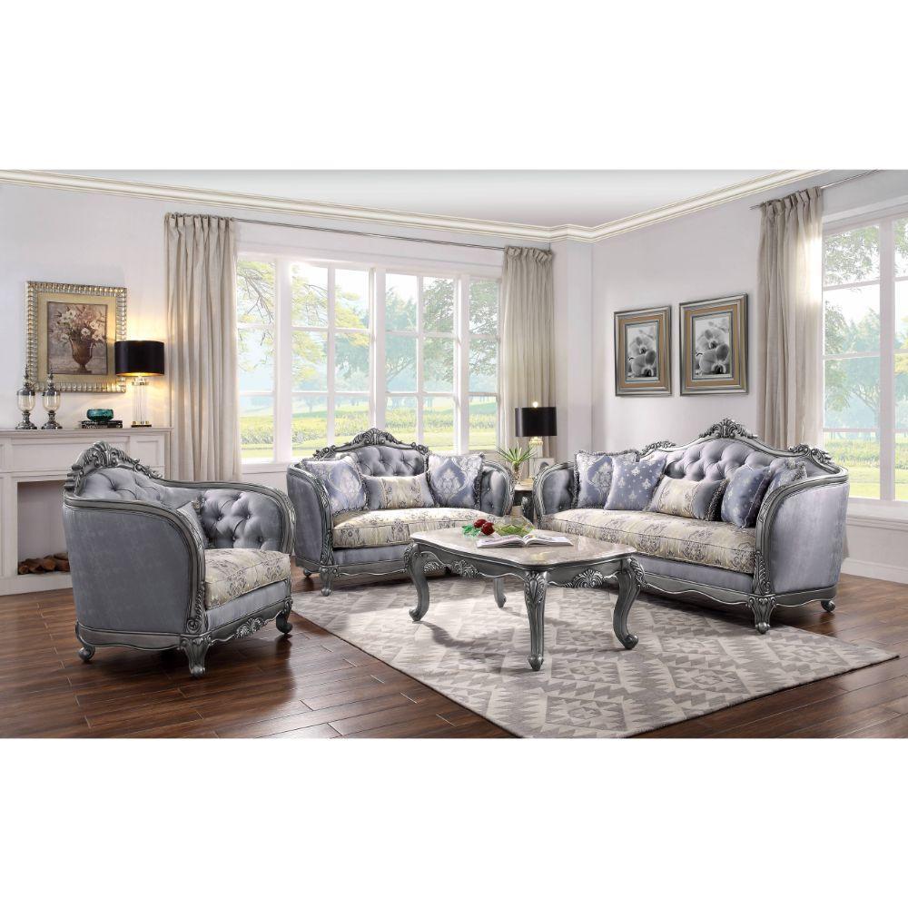 ACME Ariadne Sofa w/5 Pillows, Fabric & Platinum FredCo