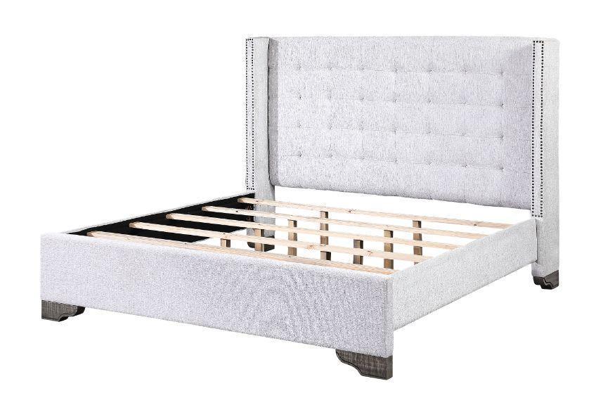 ACME Artesia Queen Bed, Tan Fabric & Salvaged Natural Finish FredCo