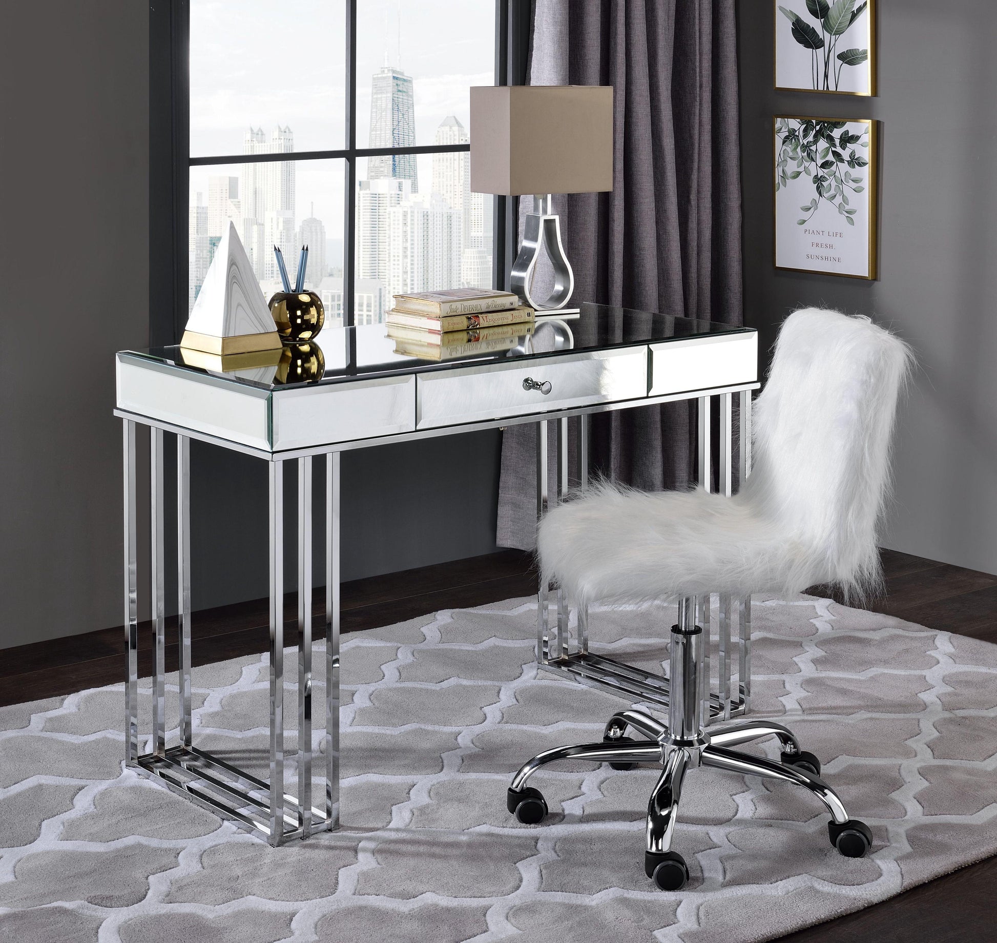 ACME Arundell Office Chair, White Faux Fur & Chrome Finish FredCo