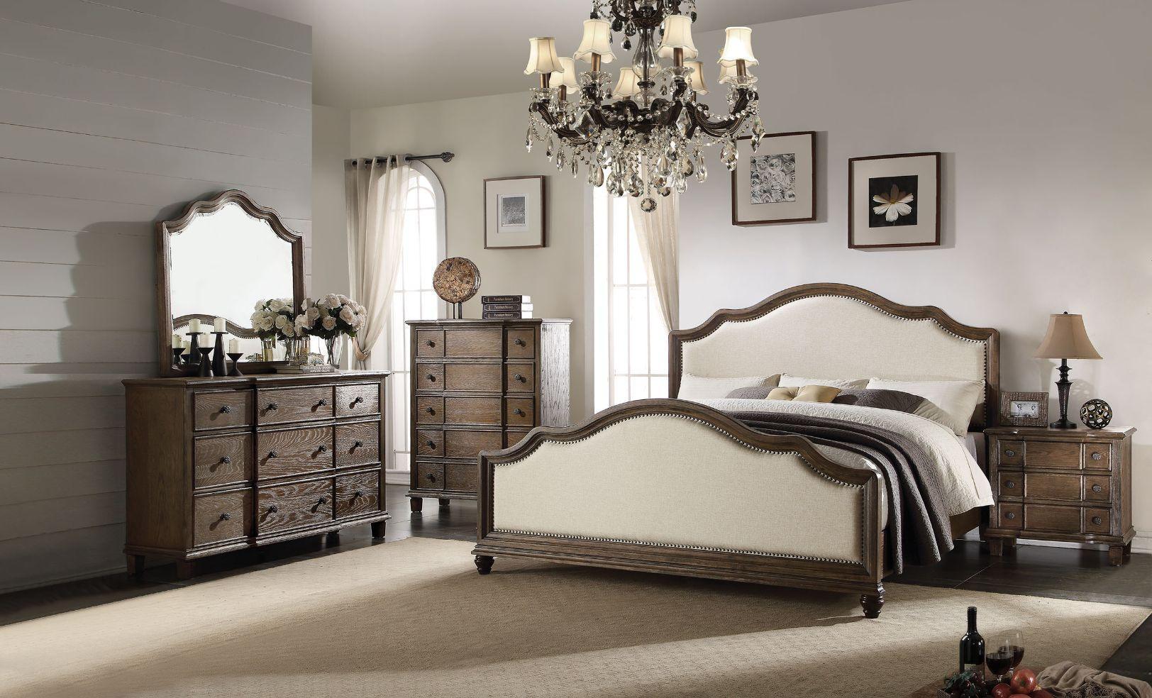 ACME Baudouin Queen Bed, Beige Linen & Weathered Oak 26110Q FredCo