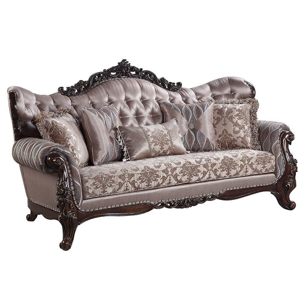 ACME Benbek Sofa w/5 Pillows, Fabric & Antique Oak Finish FredCo