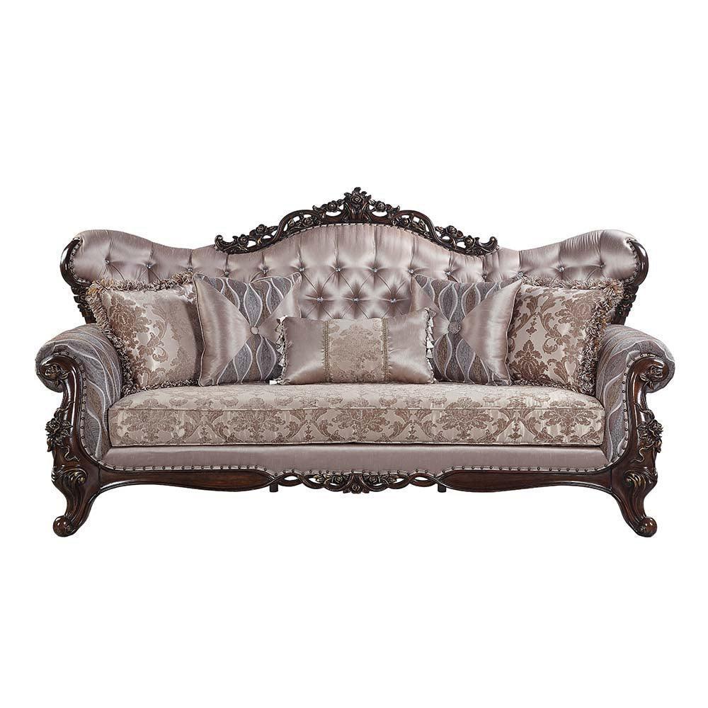 ACME Benbek Sofa w/5 Pillows, Fabric & Antique Oak Finish FredCo