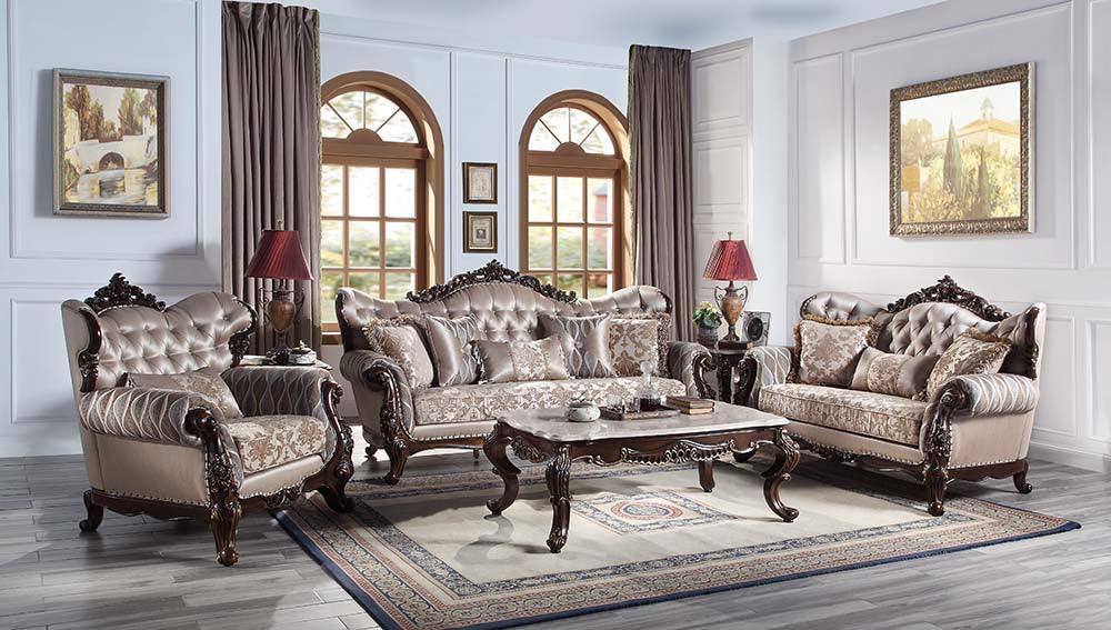 ACME Benbek Sofa w/5 Pillows, Fabric & Antique Oak Finish FredCo