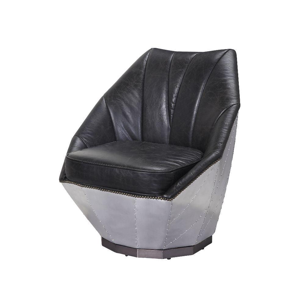 ACME Brancaster Accent Chair, Distress Espresso Top Grain Leather & Aluminum FredCo