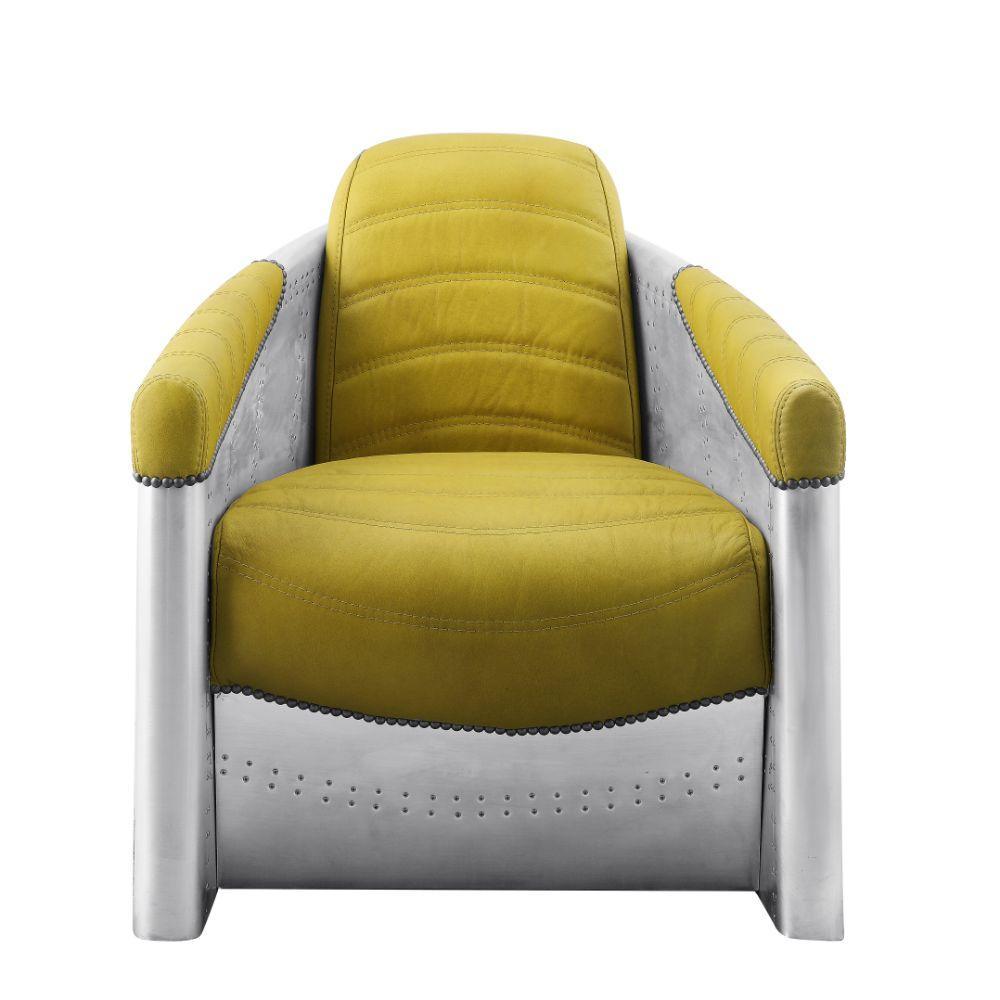 ACME Brancaster Accent Chair, Yellow Top Grain Leather & Aluminum FredCo