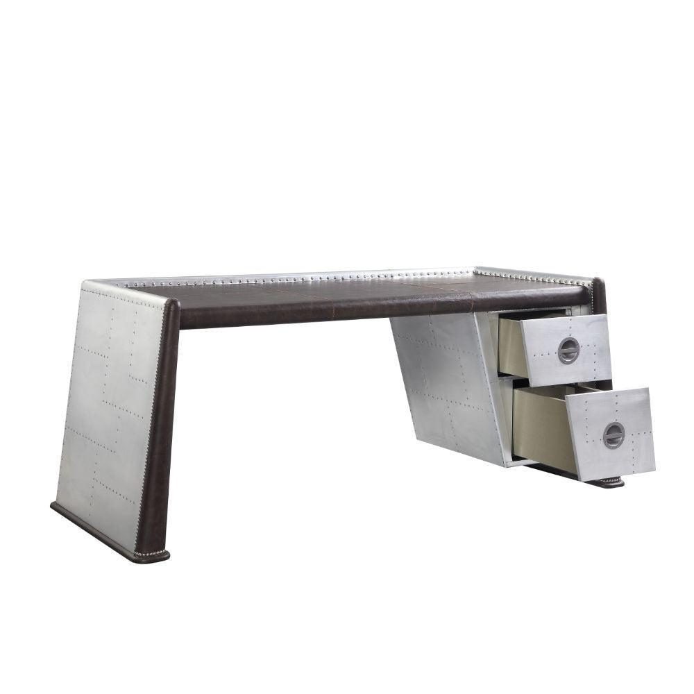 ACME Brancaster Desk, Distress Chocolate Top Grain Leather & Aluminum FredCo