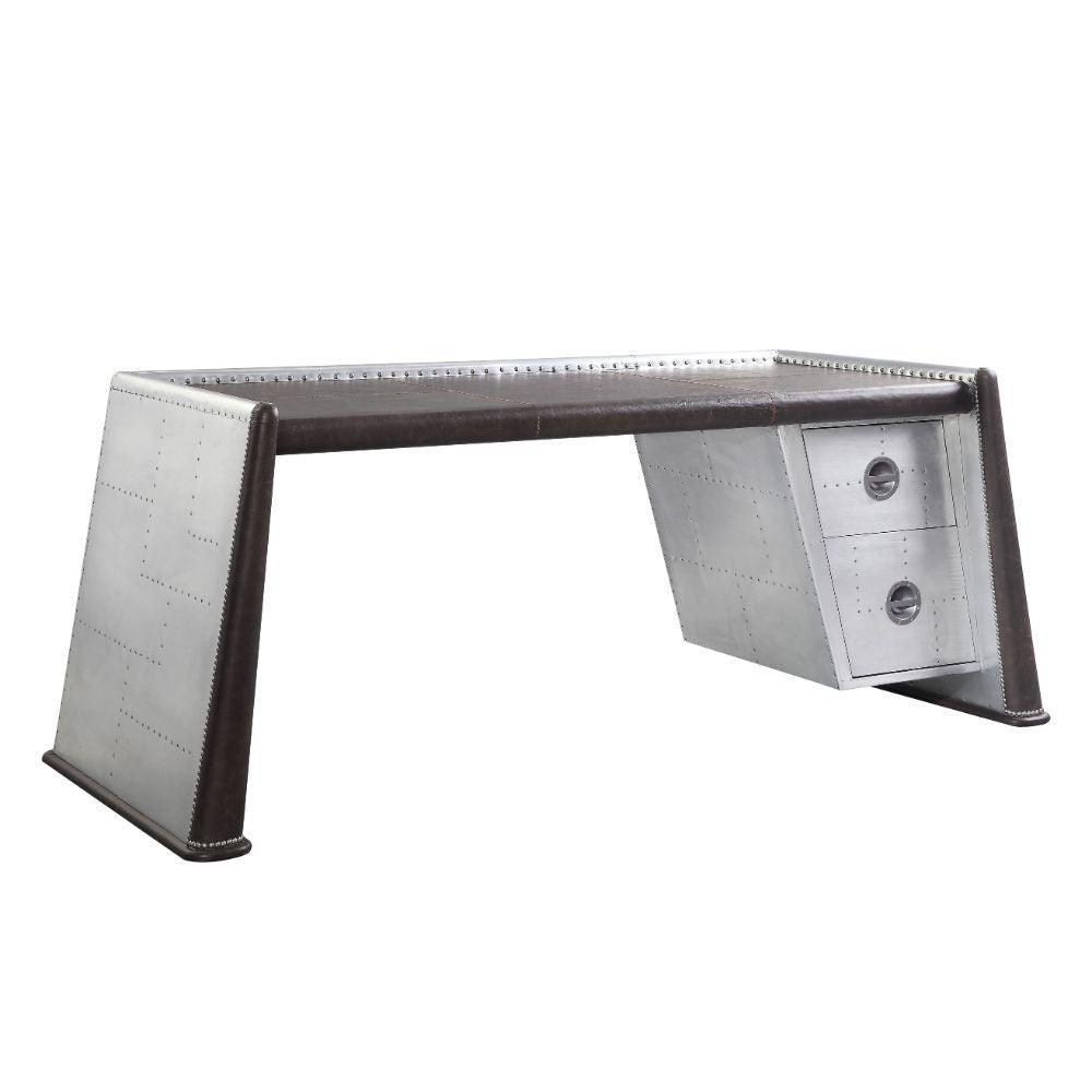 ACME Brancaster Desk, Distress Chocolate Top Grain Leather & Aluminum FredCo