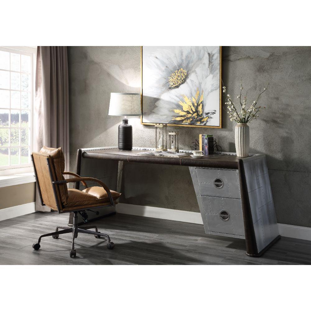ACME Brancaster Desk, Distress Chocolate Top Grain Leather & Aluminum FredCo