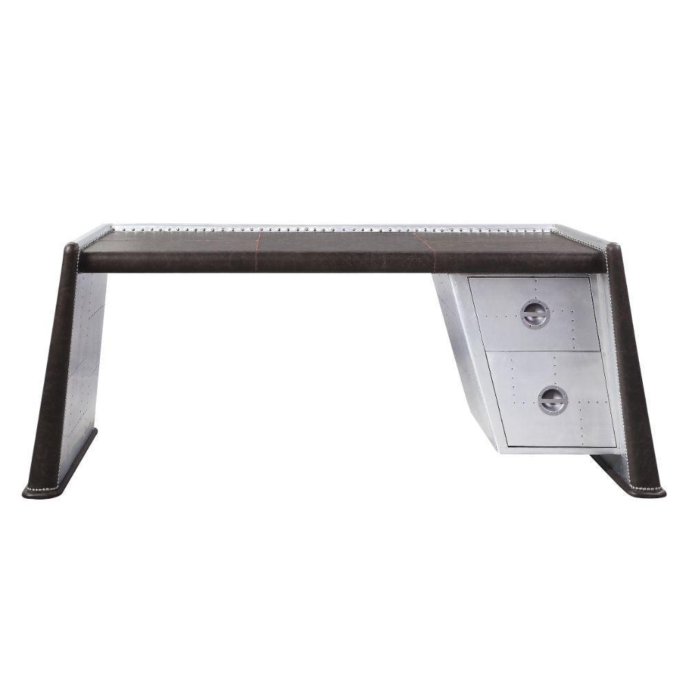 ACME Brancaster Desk, Distress Chocolate Top Grain Leather & Aluminum FredCo