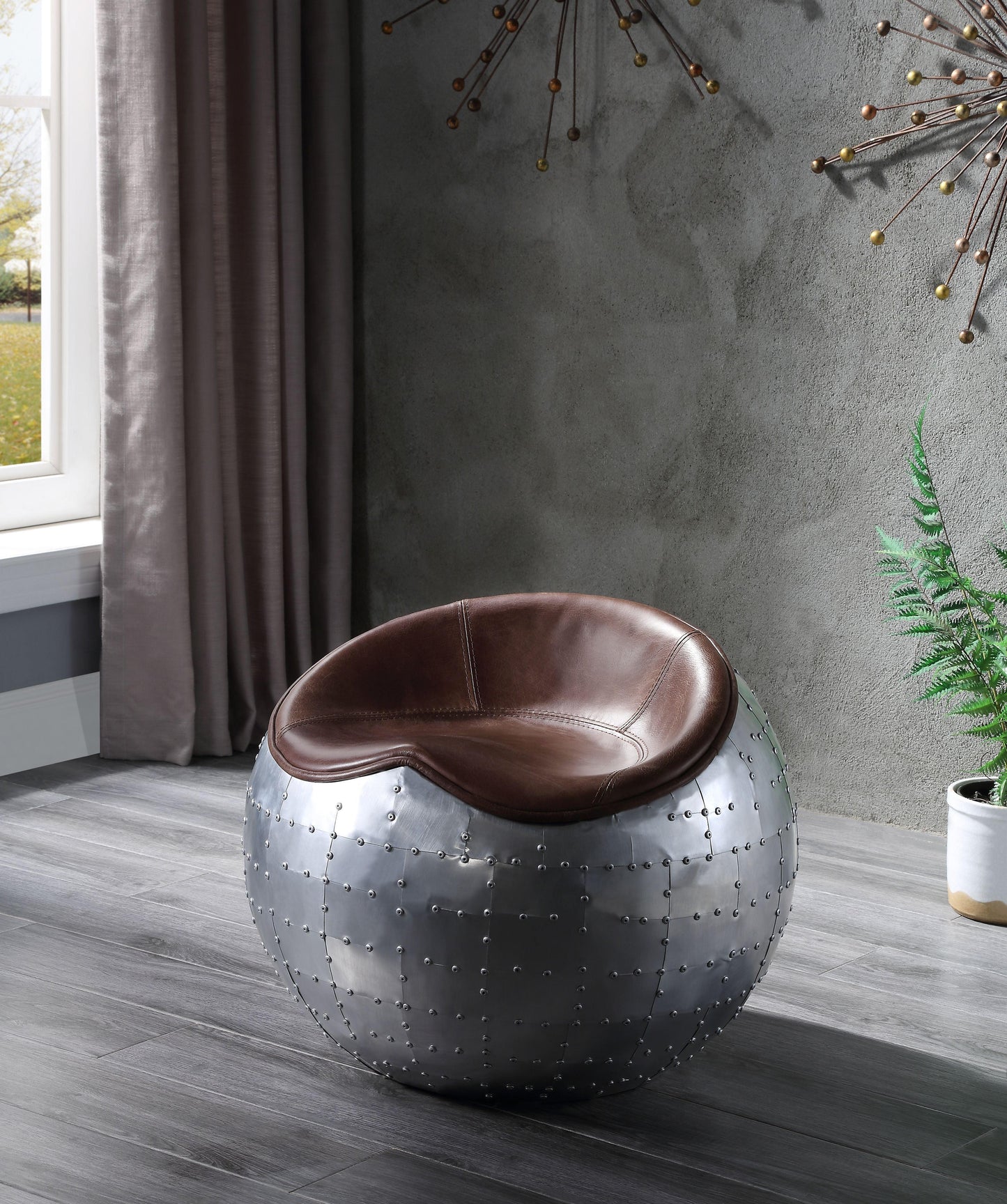 ACME Brancaster Ottoman, Retro Brown Top Grain Leather & Aluminum FredCo
