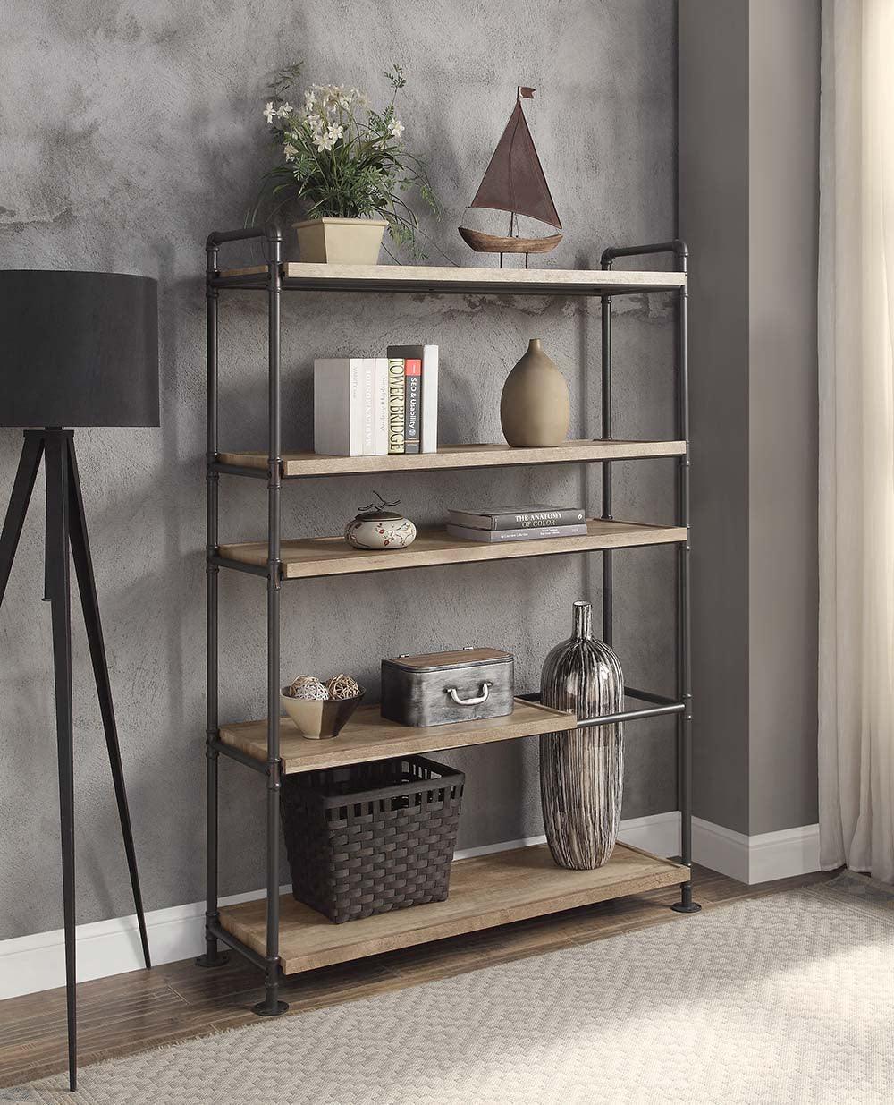 ACME Brantley Bookshelf w/5 Shelves, Oak & Sandy Black Finish FredCo