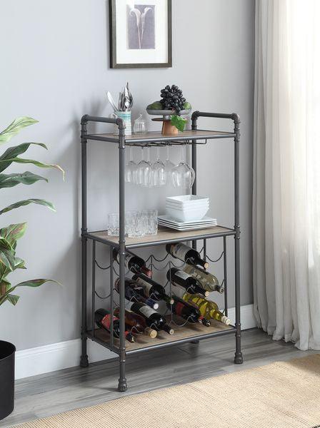ACME Brantley Floor Wine Bottle & Glass Rack, Antique Oak & Sandy Gray Finish FredCo