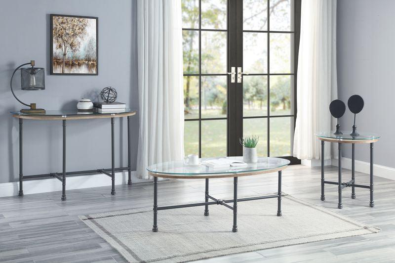 ACME Brantley Sofa Table, Clear Glass & Sandy Gray Finish FredCo